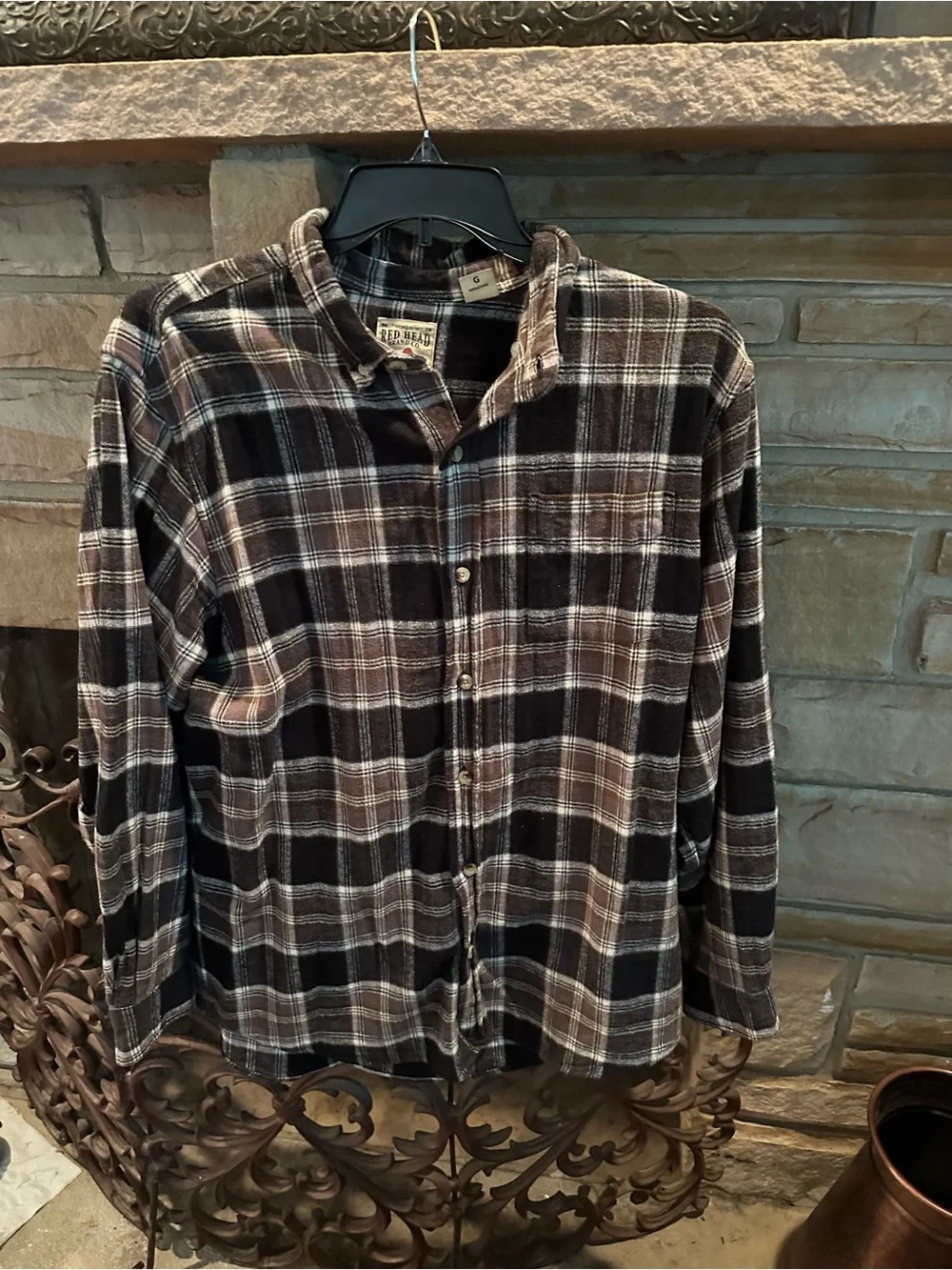 Red Head Brand Co. black, white and brown plaid flannel shirt in size L